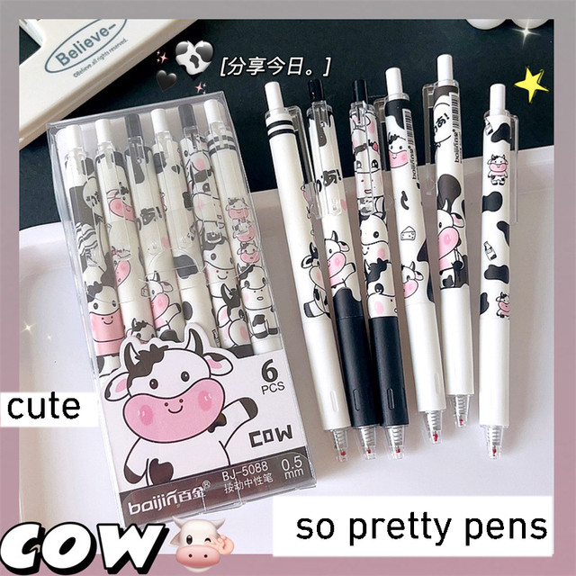 6pcs Kawaii Pens Cartoon Cow 0.5mm ST Black Ink Pens Aesthetic Stationery  Pen Set Pretty Pens Ballpoint Pen Back To School - AliExpress